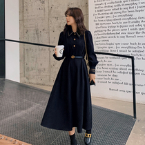 Blue Plus Size Women Fat Sister mm Hepburn Wind waist Long Sleeve Dress 2021 Winter Knee Bottom Long Dress