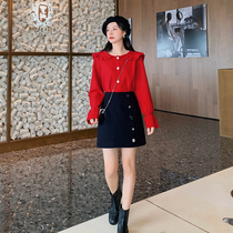 Blue language large size womens fat sister mm foreign knit sweater single-breasted skirt autumn new meat cover slim set