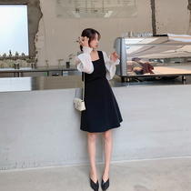 Blue Language Big Code Woman Dress Fat Sister Mm Temperament Mesh Yarn Splicing Little Black Dress 2022 Spring New cover Belly Dress