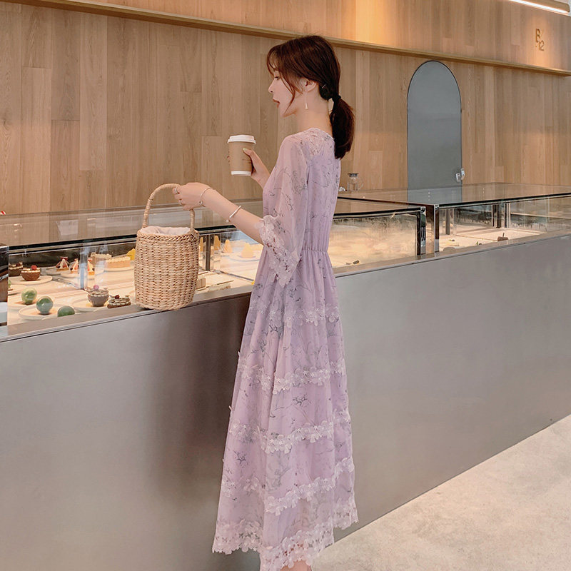 Blue language large size women's clothing Fat younger sister mm2022 Summer dress new temperament Slim Lace Print Foreign Dress