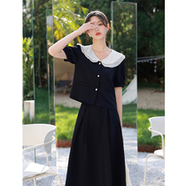 Blue Language Big Code Woman Dress Fat Mm Doll Collar Fact-style Blouse 2022 Summer With Slim Cover Half Body Skirt Two-piece Set