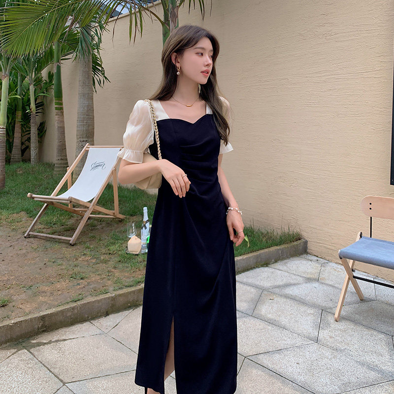 Blue Language Great Size Women's Dress Fat Sister Mm Law Black Tea Hysteria Dresses 2022 Summer New Shades Open Fork Foreign Dress