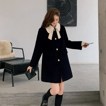 Blue large size womens fat sister mm doll collar black woolen jacket winter New loose woolen cloth coat thick