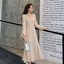 Blue language large size womens fat sister mm temperament mesh plus velvet fairy dress 2021 Winter new waist dress dress