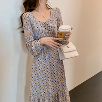 Blue Language Big Code Woman Dress Fat Sister Mm Square Collar Small Daisy Broken Flowers Fairy Dress Spring New Lotus Leaf Lace Dress Skirt