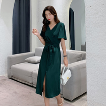 Blue Language Big Code Woman Dress Fat Mm Sensible Slim V Collar Skirt Summer New Collection Waist Open Fork Method Superior Sensational Dress