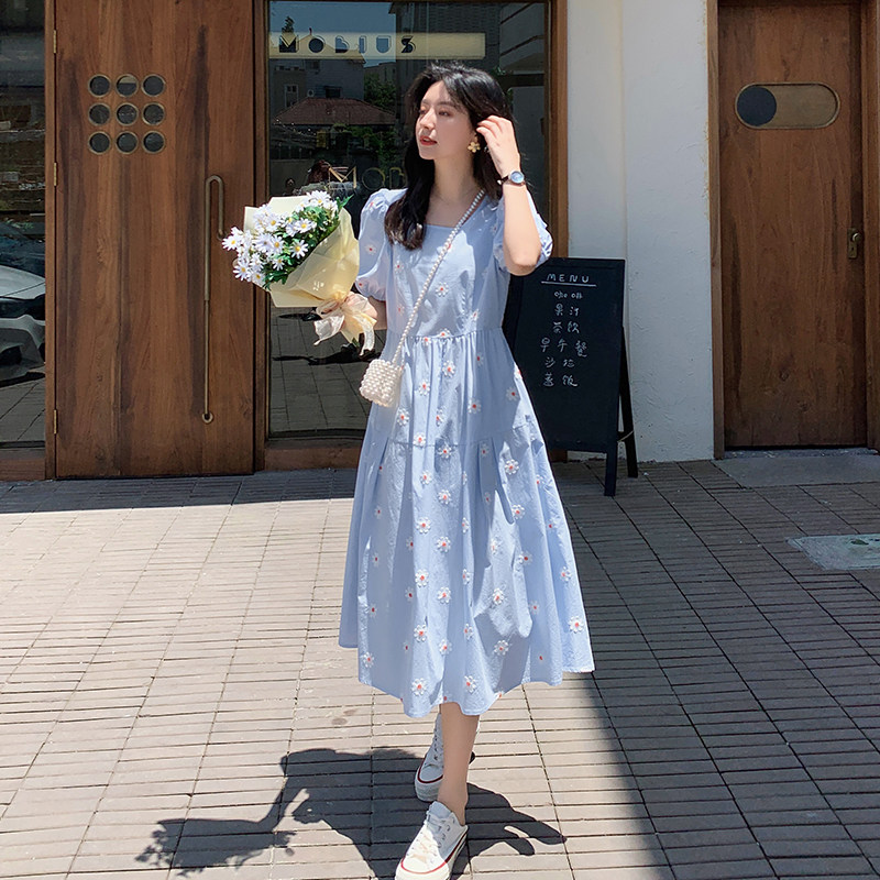 Blue Language Covered Woman Fat Sister mm French Age Bottle Sleeve Dress Summer New Masked Fairy Dress