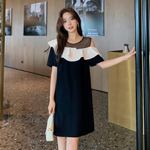 Blue Language Big Code Woman Dress Fat Sister Mm Temperament Elegant Word Collar Dress With Shoulder Dress And Summer Dress Shade With Slim Black Dress