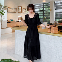 Blue Language Big Code Woman Dress Fat Mm Black Tandem Dress 2022 New Advanced Sensational Waist Display Slim Fit a word long dress
