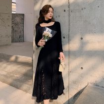 Blue large size womens fat sister mm temperament French square collar dress winter New waist lace small black dress