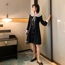 Blue Plus Size Women Fat Sister mm French Vintage Doll Collar Small Black Dress 2021 Autumn New Slim Dress