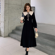 Blue language large size womens fat sister mm French doll collar bottom dress womens winter New inner tie waist skirt