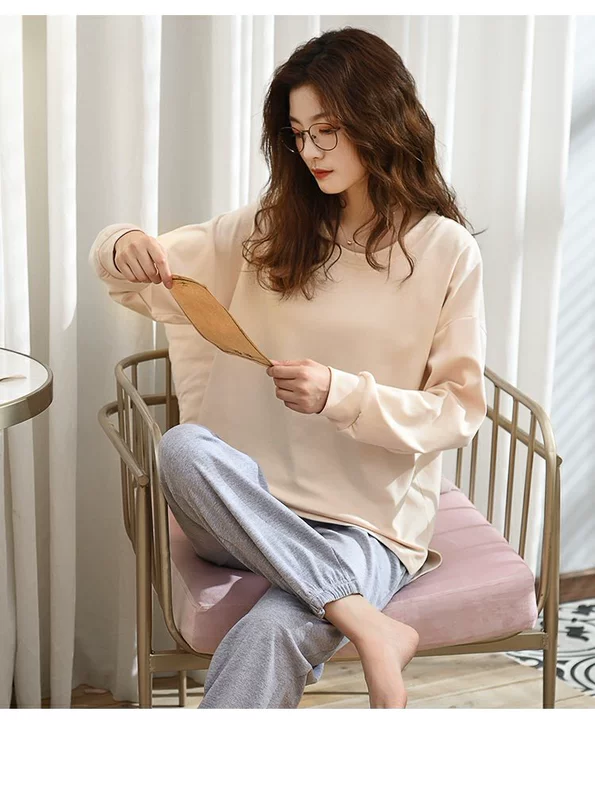 Bộ đồ ngủ nữ cotton dài tay cho nữ mùa thu và mùa đông chân rắn màu co lại cổ ấm cotton của phụ nữ đơn giản phục vụ nhà giản dị - Cặp đôi