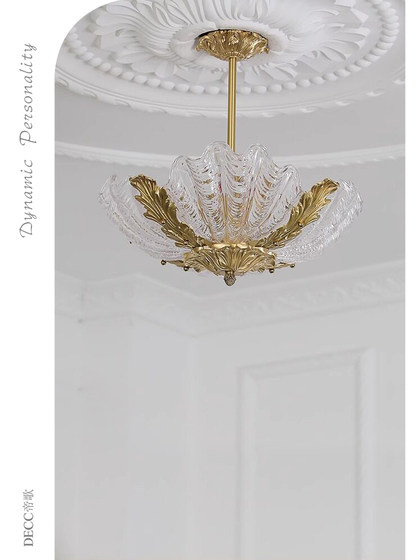 French-Style Vintage All-Copper Shell Glass Chandelier, American Retro Light Luxury Lighting for Bedroom, Walk-In Closet, Dining Room, and Entryway