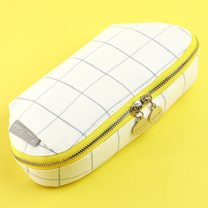 Japan kokuyo Kokuyo shell type pencil bag Large capacity Simple plaid impression pencil bag fresh male and female cute primary school students Junior high school students college students stationery box