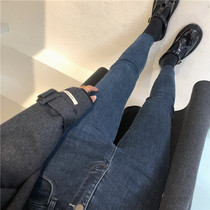 Zhou Wood Wood apit plus velvet high waist slim small feet tight jeans dark blue black 2 color winter New Women