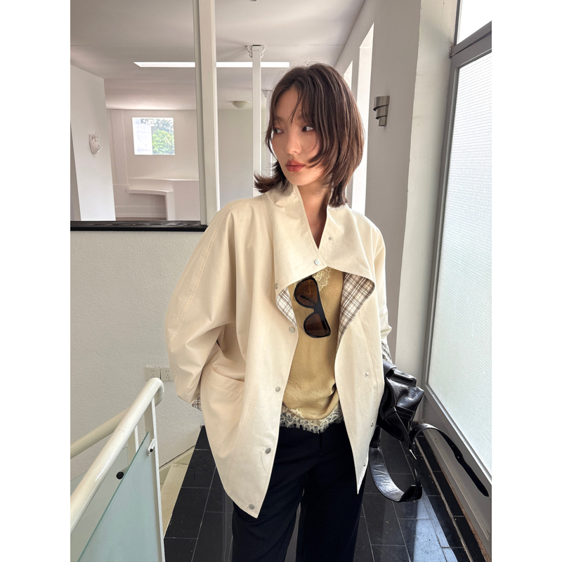 Su Bo All-Cotton High-Density Twill Reversible Plaid Batwing Sleeve Stand Collar Jacket Trench Coat Su Bo All-Cotton High-Density Twill Reversible Plaid Batwing Sleeve Stand Collar Jacket Trench Coat