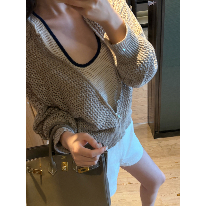 Din Yoxime/Heavyweight and Stunning Bc Style! Elegant Sequin Hollow-Out Old Money Style Linen Knit Cardigan Jacket Din Yoxime/Heavyweight and Stunning Bc Style! Elegant Sequin Hollow-Out Old Money Style Linen Knit Cardigan Jacket