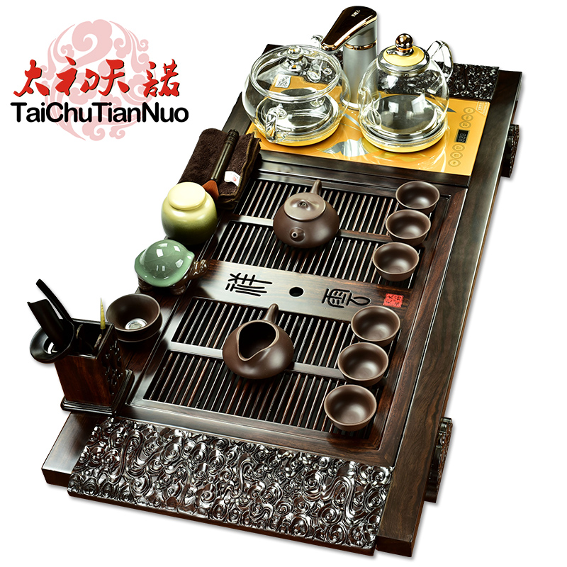 The beginning day, violet arenaceous kung fu tea set suit black rosewood tea set solid wood tea tray household automatic furnace glass pot