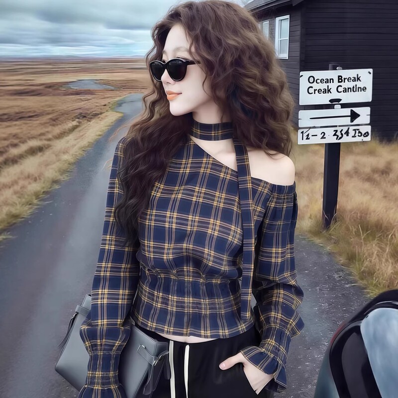 Designed with a Sense of Style, the Off-Shoulder Plaid Shirt for Women Features a Unique Design with a Ribbon Detail, a New Autumn 2026 French-Style Chic Blouse Designed with a Sense of Style, the Off-Shoulder Plaid Shirt for Women Features a Unique Design with a Ribbon Detail, a New Autumn 2026 French-Style Chic Blouse