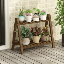 Anti-corrosive solid wood two-story flower shelf multilayer balcony shelving room with multi-meat small potted plant shelf Green Laura on floor