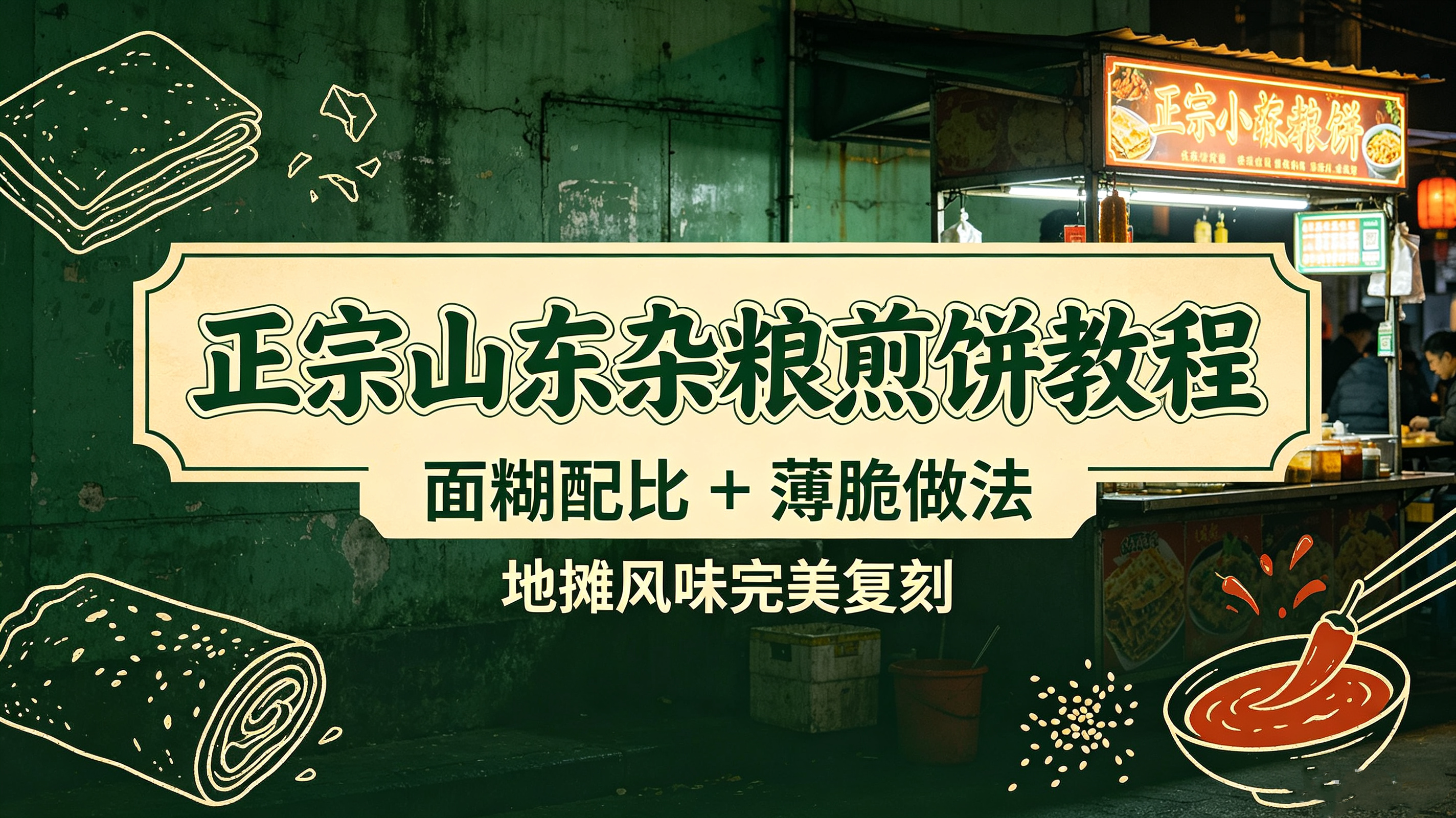 L59871正宗山东杂粮煎饼教程，面糊配比 + 薄脆做法，地摊风味完美复刻-简创库网