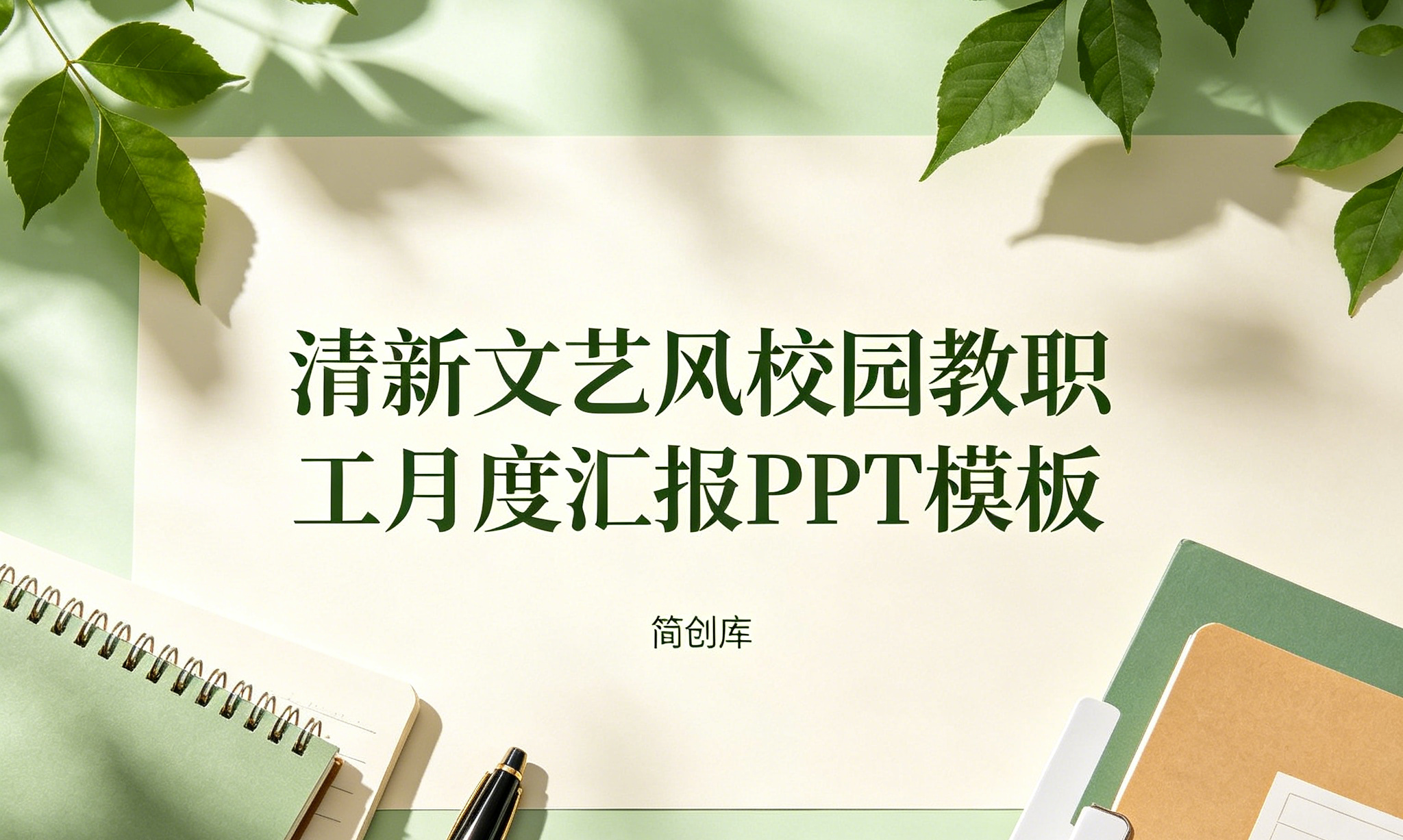 B1029绿色森系文艺风学校教师月度工作总结PPT模板 校园工作汇报ppt模版-简创库网