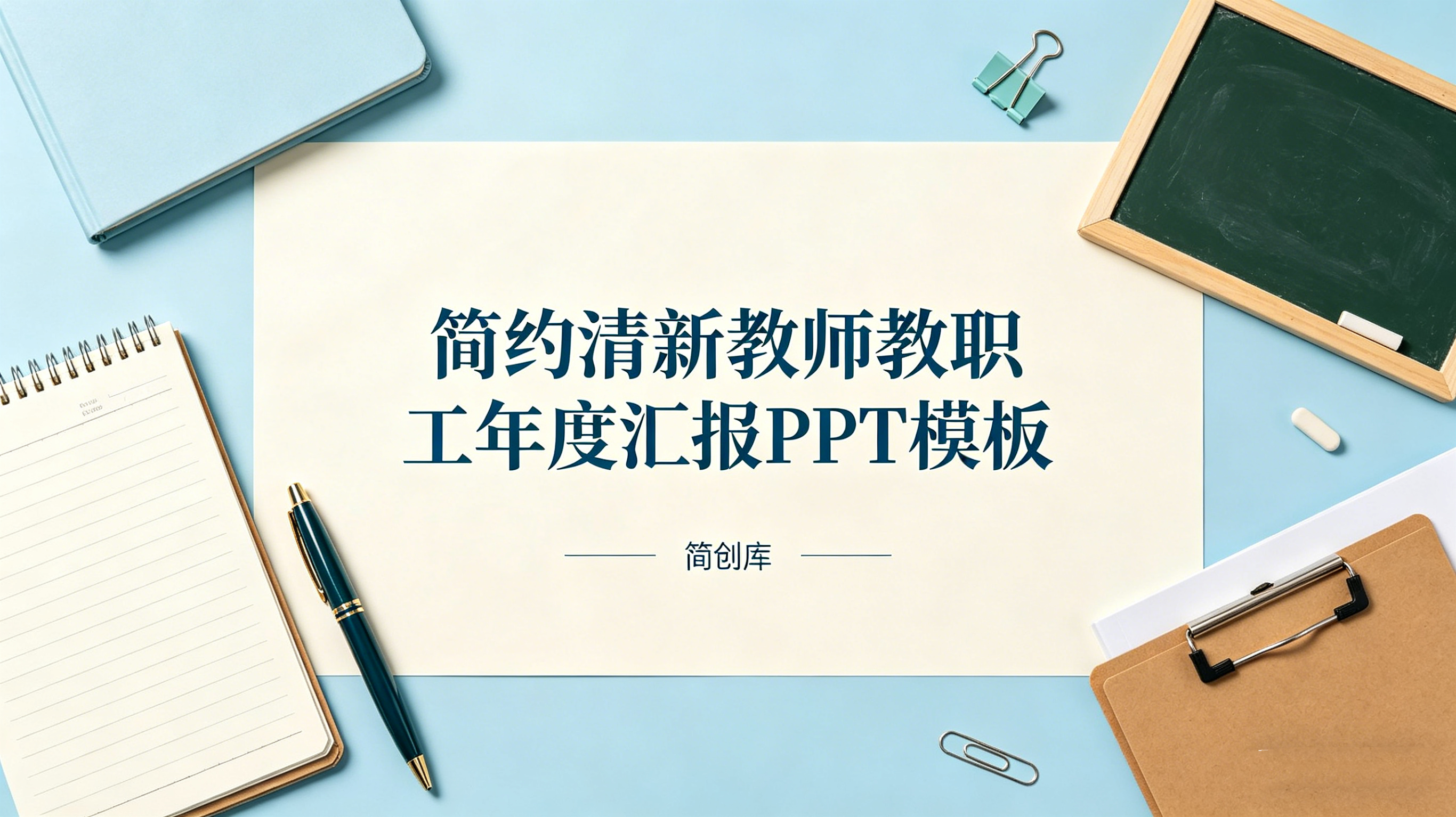 B1015教师年度汇报PPT模板 简约清新校园教师年度述职PPT教职工述职通用-简创库网