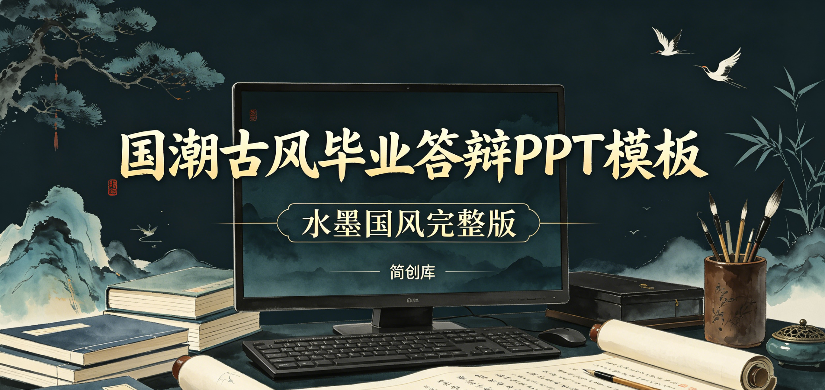 D2120国潮古风毕业答辩PPT模板 水墨国风完整版-简创库网