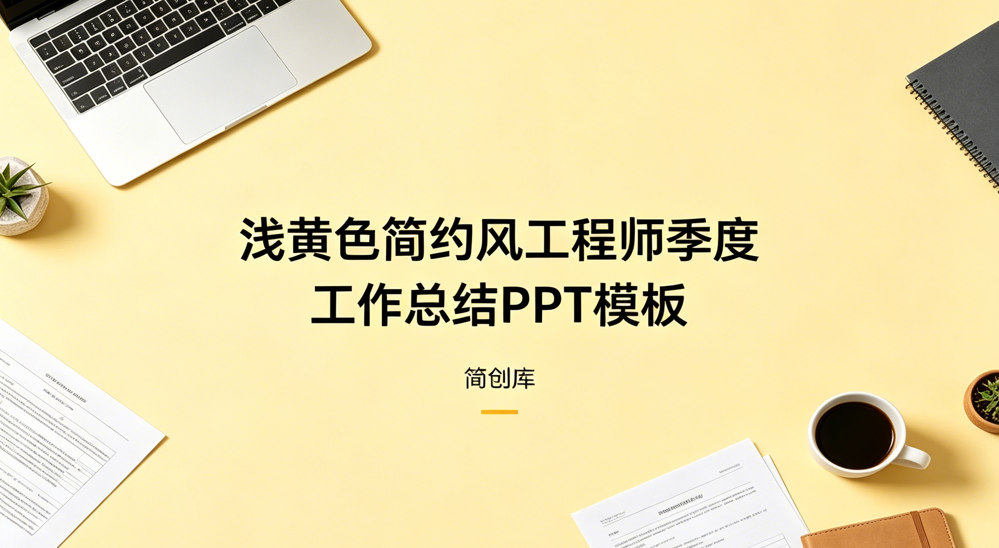 B1022浅黄色简约风工程师季度工作总结PPT模板 多表格多图文述职汇报-简创库网