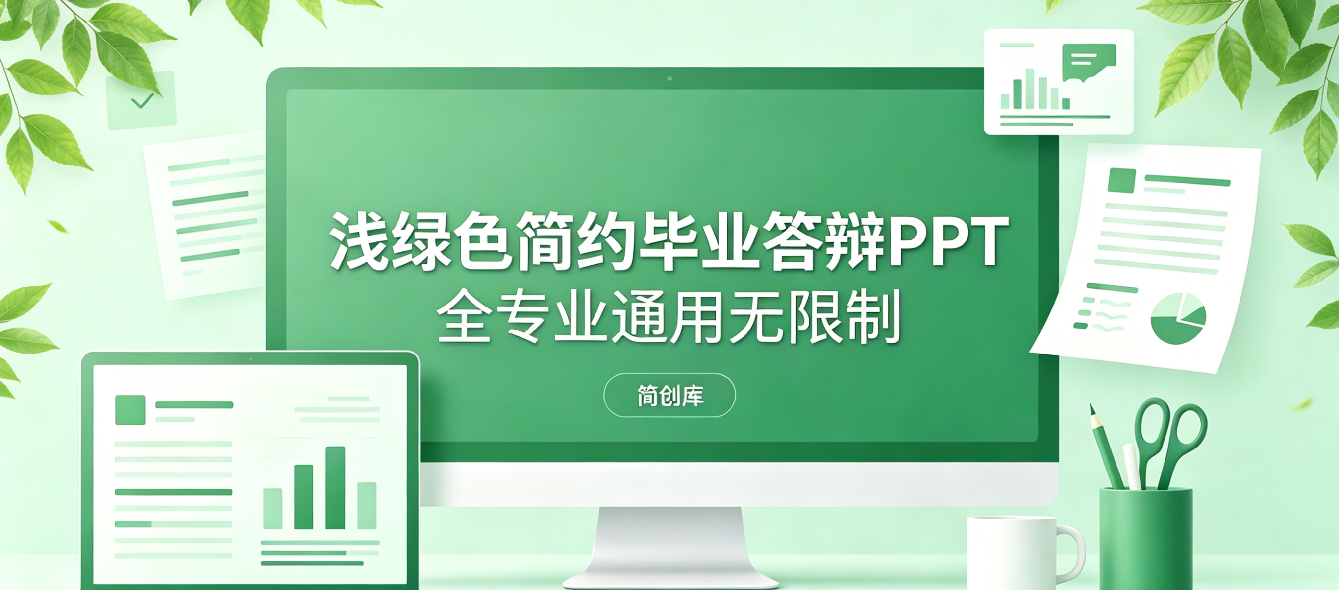 D2104浅绿色简约毕业答辩PPT模板 全专业通用无限制-简创库网
