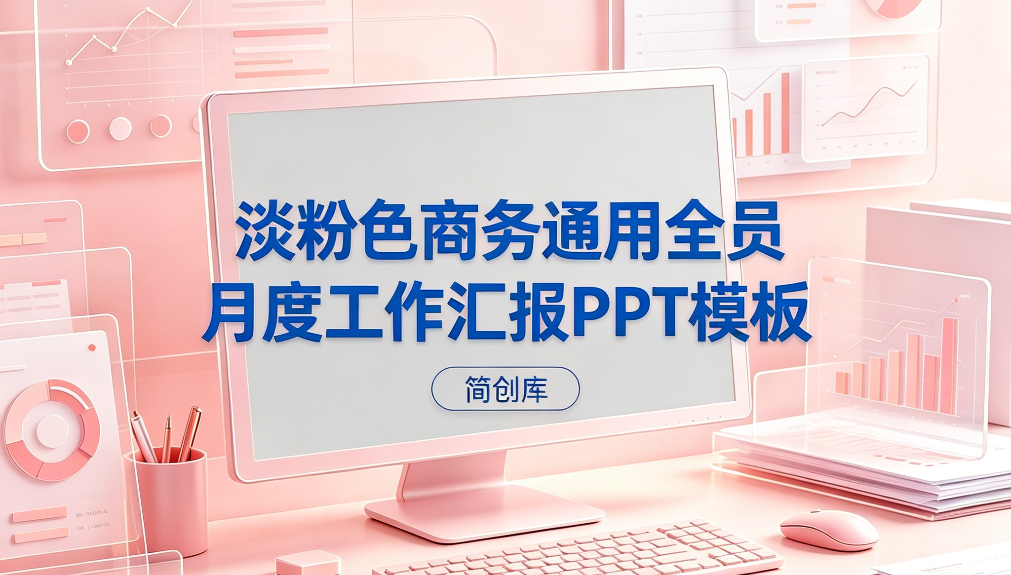 B1020粉红色商务通用全员月度工作汇报PPT模板 全员月度工作汇报精致精美可编辑-简创库网