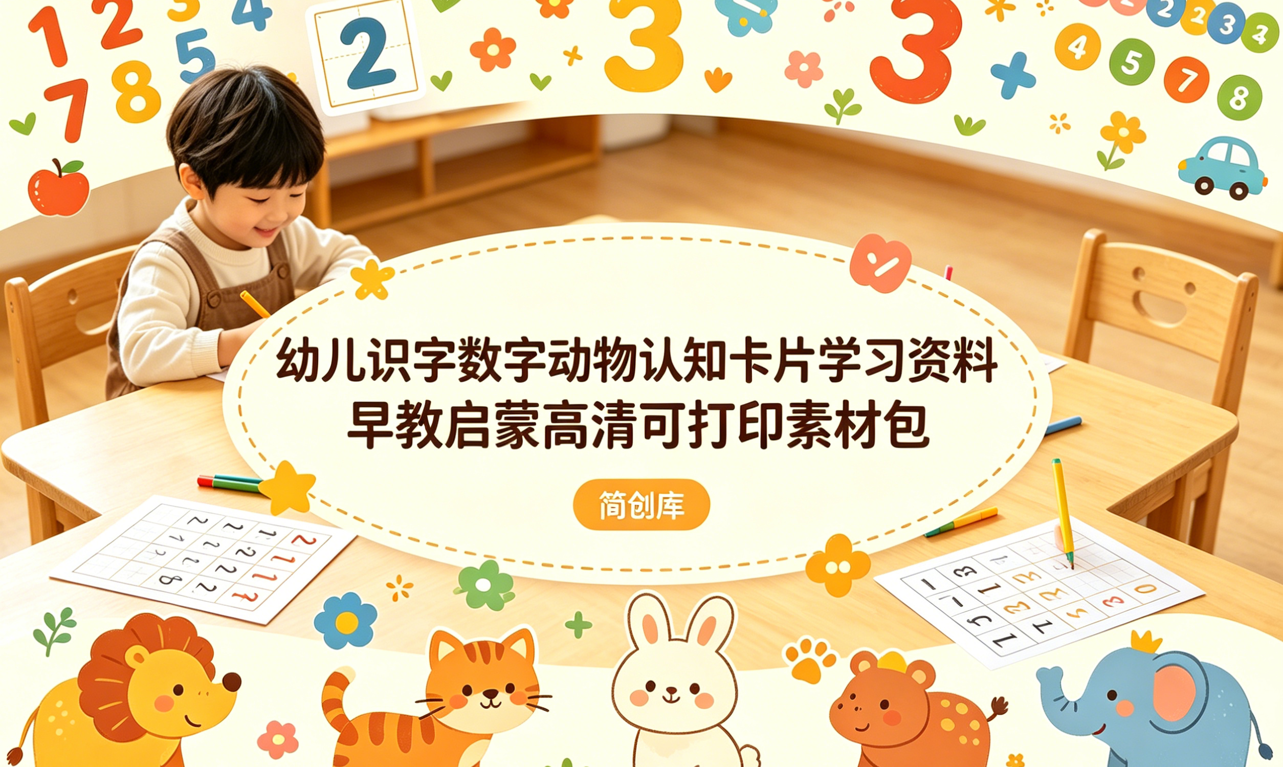 E1127幼儿识字数字动物认知卡片学习资料  早教启蒙高清可打印素材包-简创库网