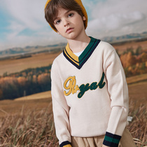 Boys cardigan 2021 autumn and winter new childrens sweater knitwear V-neck 100% pure wool