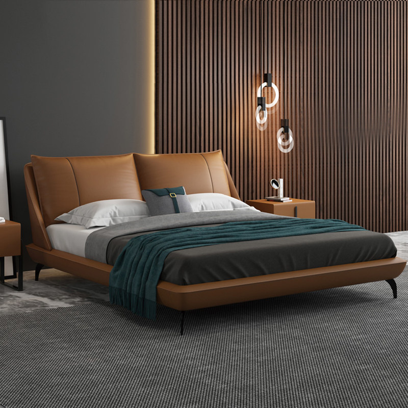 Italian light luxury leather bed master bedroom luxury king bed modern minimalist soft bag net red bed ins bedroom 2021 orange
