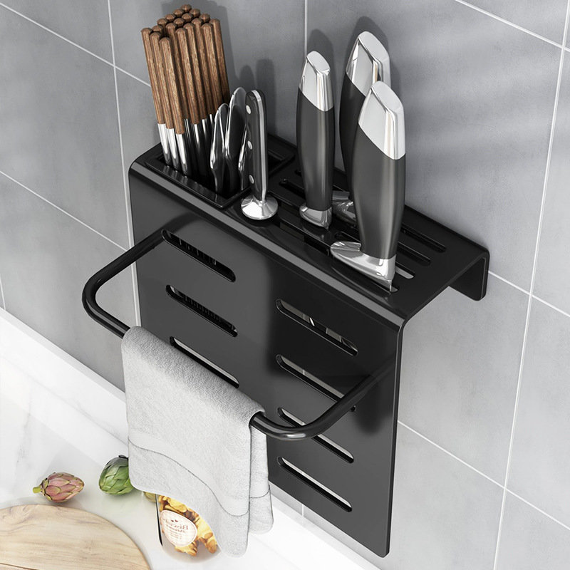 Kitchen knife rack wall-mounted chopsticks barrel kitchen knife kitchen rack nail-free rag all-in-one knife rack multi-function