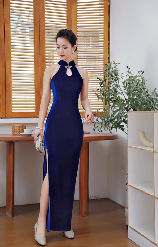 2022 Spring and Summer Sleeveless Long Cheongsam Retro Pure Color Drop Collar Off-Shoulder Sling Neck Slim Sexy Plus Size Performance Dress