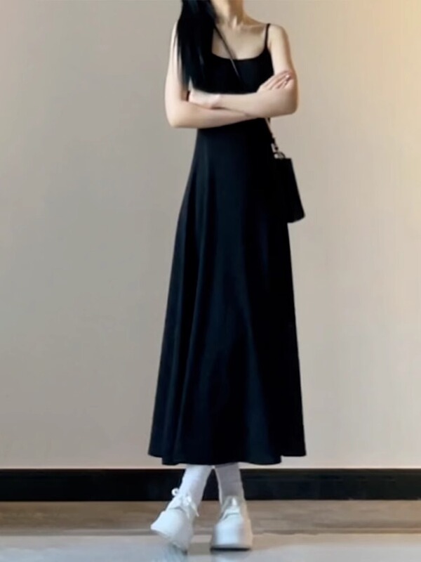 Pure Cotton Spaghetti Strap Long Dress for Women, Summer Comfortable and Elegant, Waist-Cinching, Long Floor-Length Flared Dress, Inner Layer Tank Top Dress