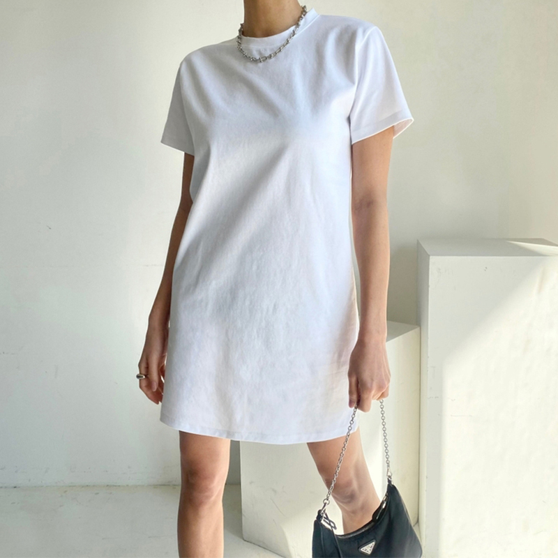 Short-Sleeved T-Shirt Dress for Women, Mid-Length, Round Neck, Pullover, Pure Cotton, Solid Color, Comfortable, Loose-Fitting, Slimming Dress