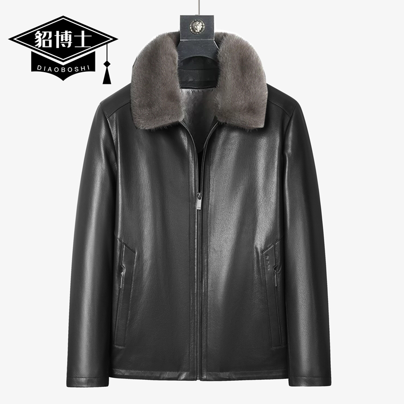 Dr. Mink Goat Leather Jacket for Men with Detachable Mink Fur Lining and Turn-Down Collar Short Fur Coat