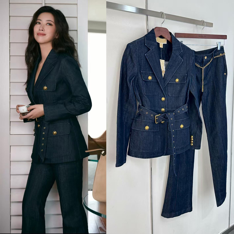 Zhu Zhu Celebrity-Inspired Blue Stylish and Professional Denim Blazer Jacket for Women, Autumn 2025 New Two-Piece Set