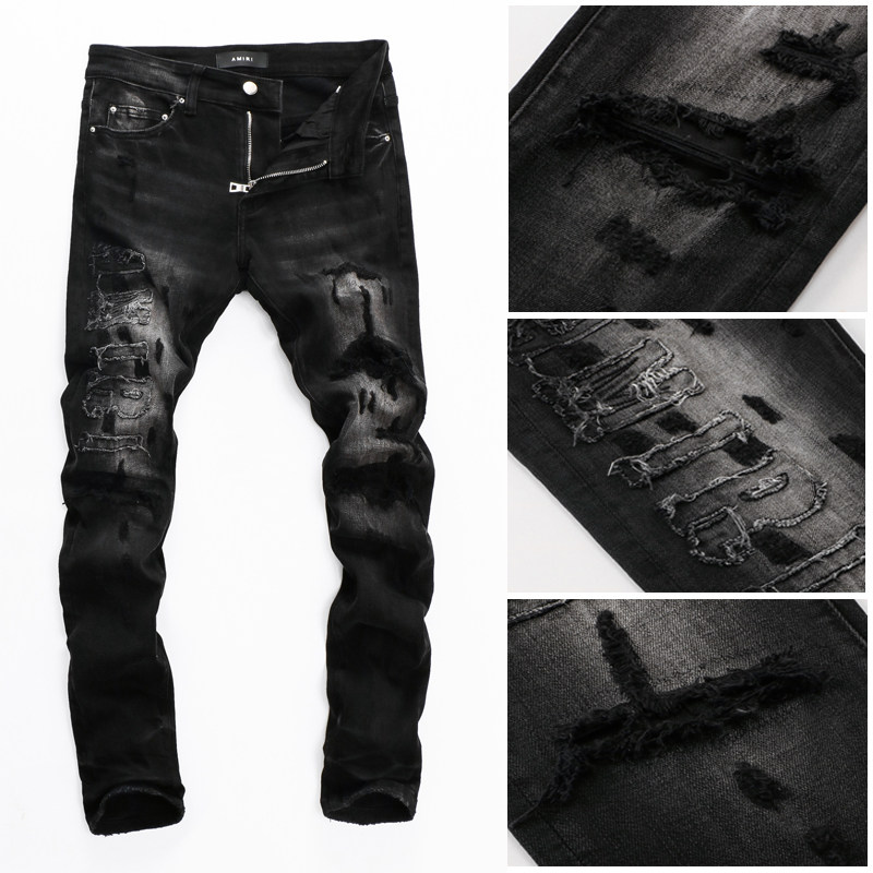 European and American walking show with a small foot personality casual high-end quality Black Broken Cave Amiri Jeans Male Tide