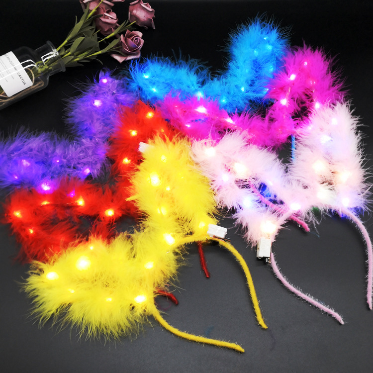 Highlight and lengthen plush rabbit ears luminous headband gold silk feather luminous rabbit ear headband