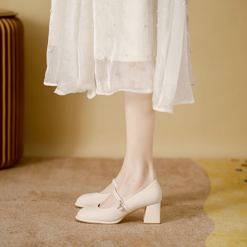 Genuine Leather Mary Jane Shoes for Women 2026 Spring and Autumn New Style Chunky Heel High Heels Slip-On Loafers Women's French Style Single Shoes