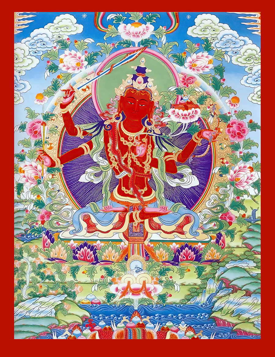 Decoration Career Red yellow Wenshu View on the picture Four-arm ManjustBodhisattBodhisattva portrait of Don Carver Hanging Painting Photographic Phase Paper Bifacial Plastic