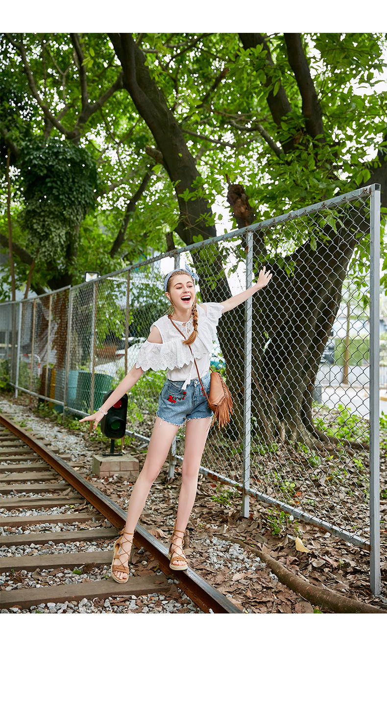 Mùa hè mới của phụ nữ xu hướng thêu quần short denim thẳng tua rua - Quần jean shop thời trang nữ