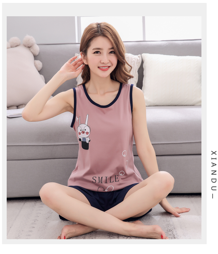 Vest đồ ngủ phụ nữ mùa hè bông tay áo quần short Hàn Quốc hai mảnh thiết lập lỏng kích thước lớn dịch vụ nhà thiết lập cắt tay áo