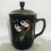 Old cover Cup Cup Cup Cup cup black glaze goldfish figure lamp tower brand Yantai porcelain factory did not make supplies 785 six total price