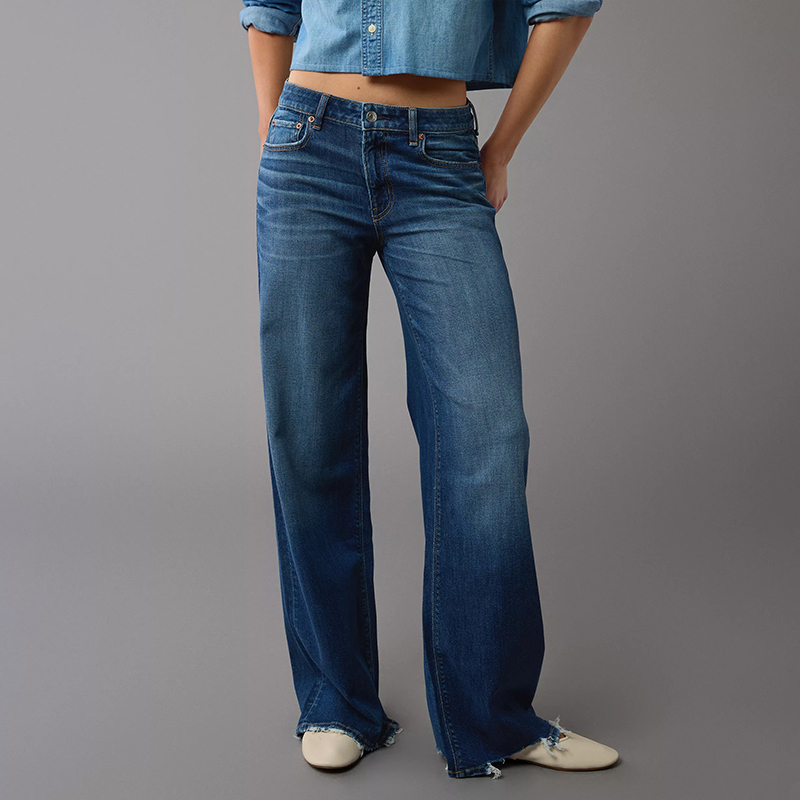 Aeo American Eagle Summer New Blue Mid-Low Waist Stretch Jeans for Women, Loose Slimming Wide-Leg Straight Pants Trendy