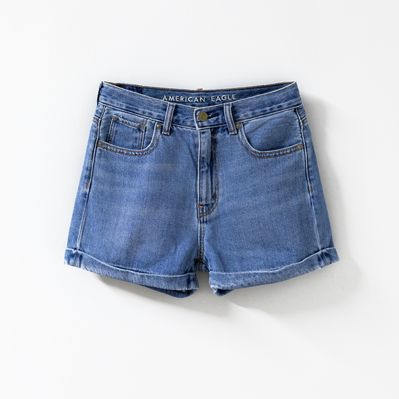 Aeo American Eagle 2025 Summer New Pure Cotton Non-Stretch High-Waisted Denim Shorts for Women Classic Cuffed Shorts Trendy
